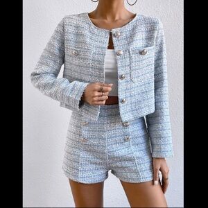 Cropped Tweed Jacket & High-Waist Shorts in Sky Blue, Size S